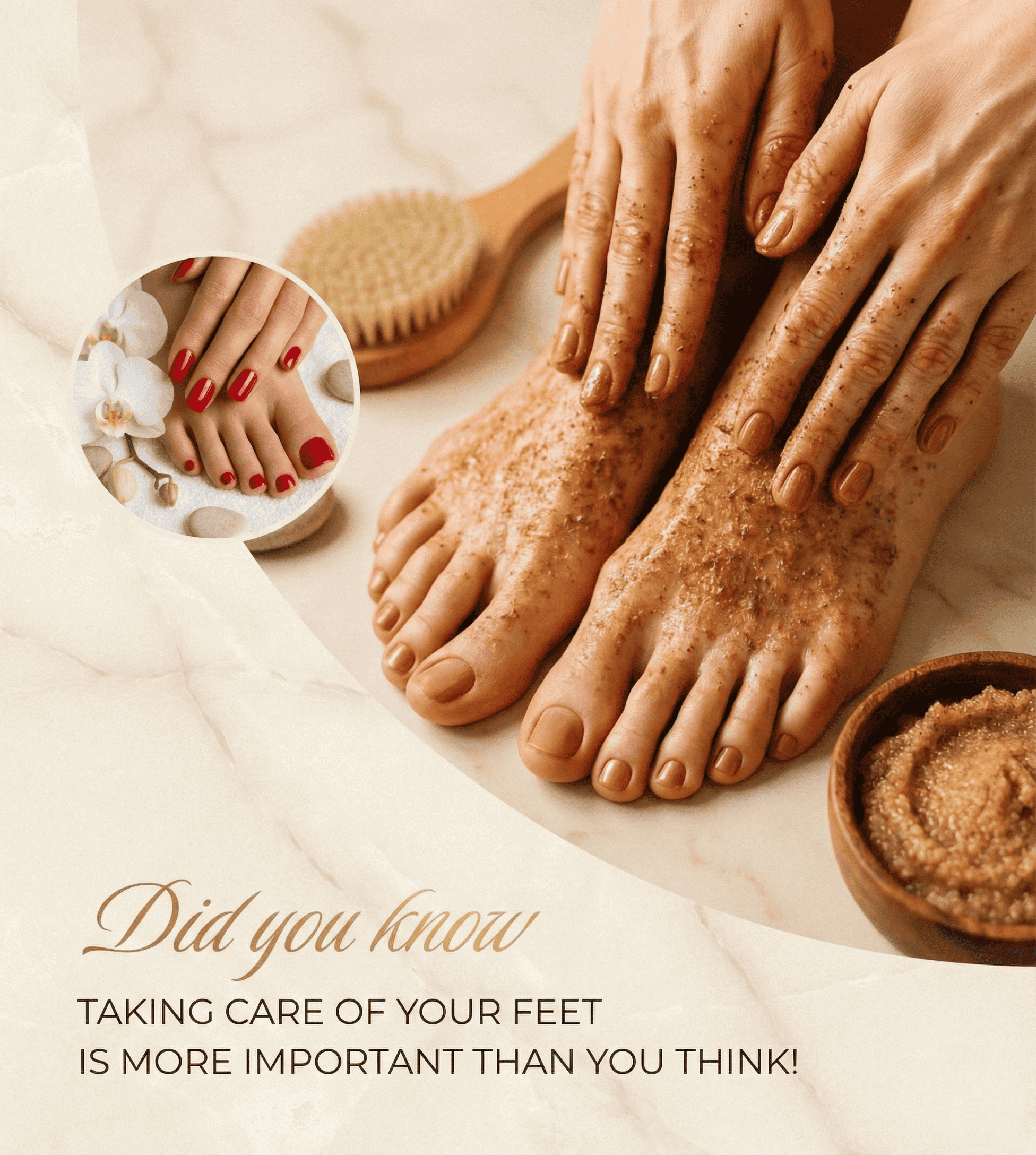 Hands and feet being pampered with an exfoliating scrub, featuring red nail polish and daisies.